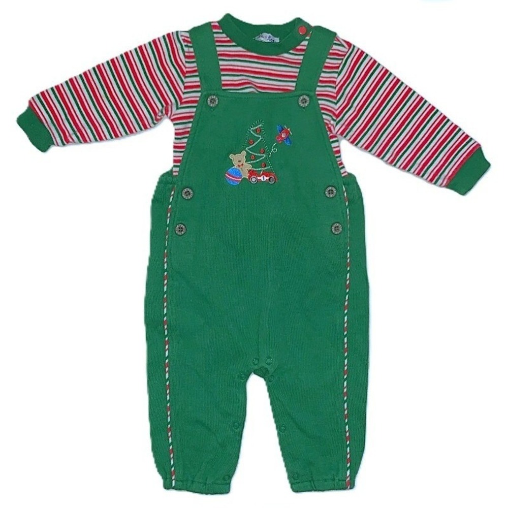 Vtg 9m Boys Le Top Christmas Soft Knit Overalls & Shirt Set Pocket Bear Ornament